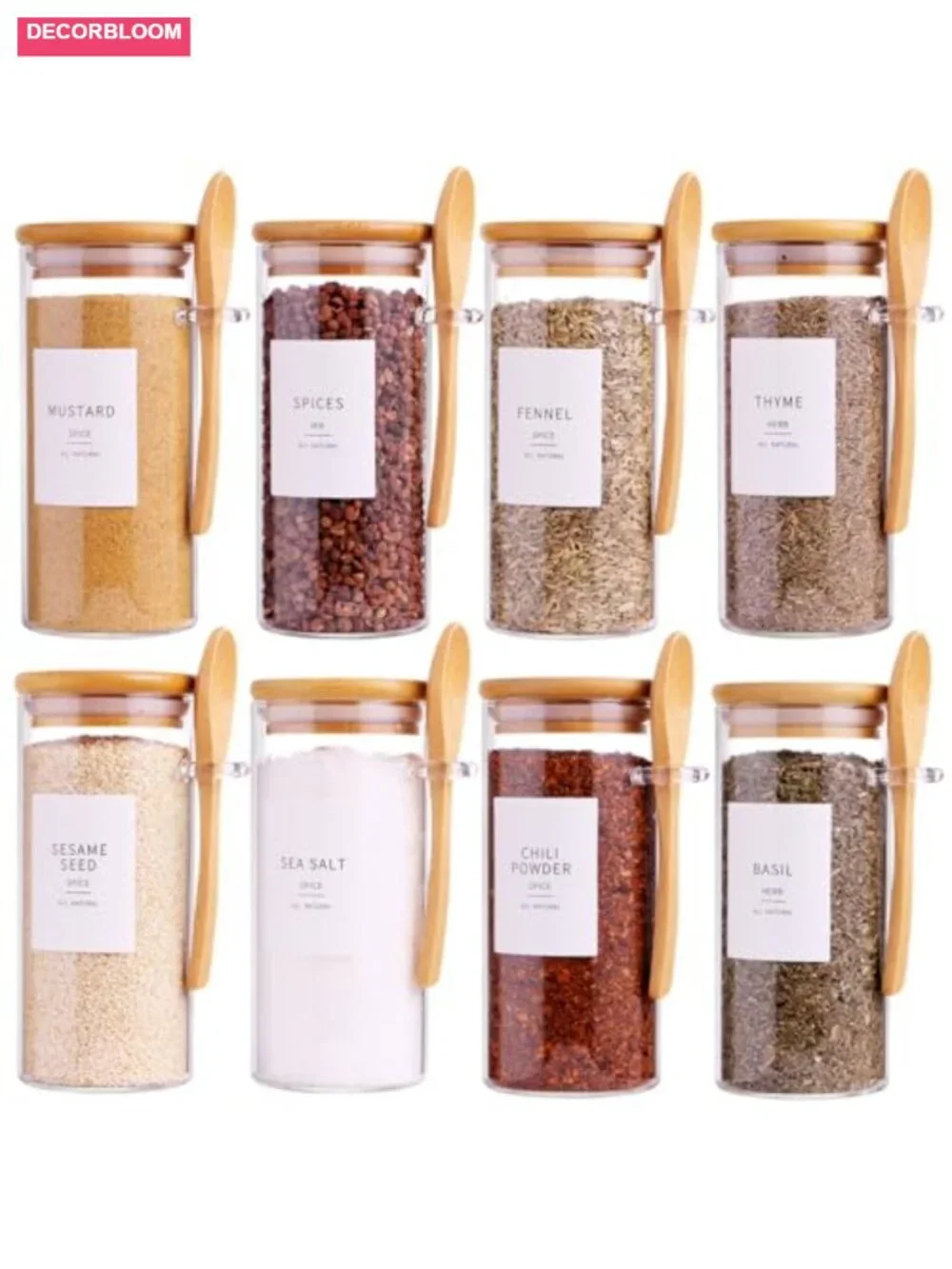 8 Glass Jars with Bamboo Lids & Spoons - 10 oz Spice Jars with Labels for